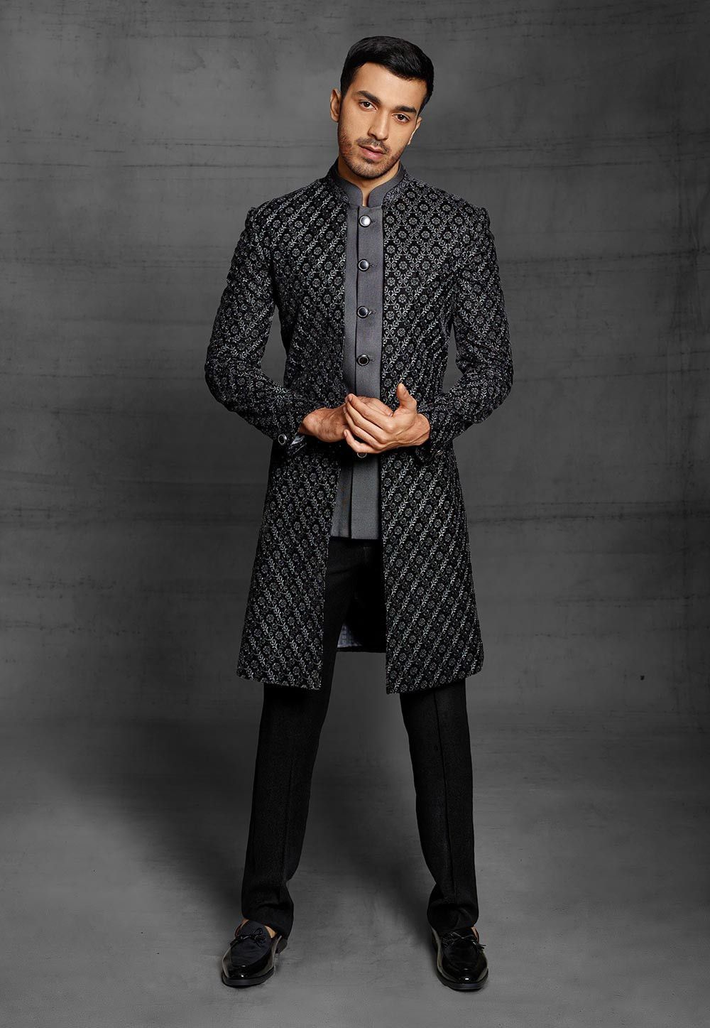 Embroidered Art Silk Black Sherwani for Men