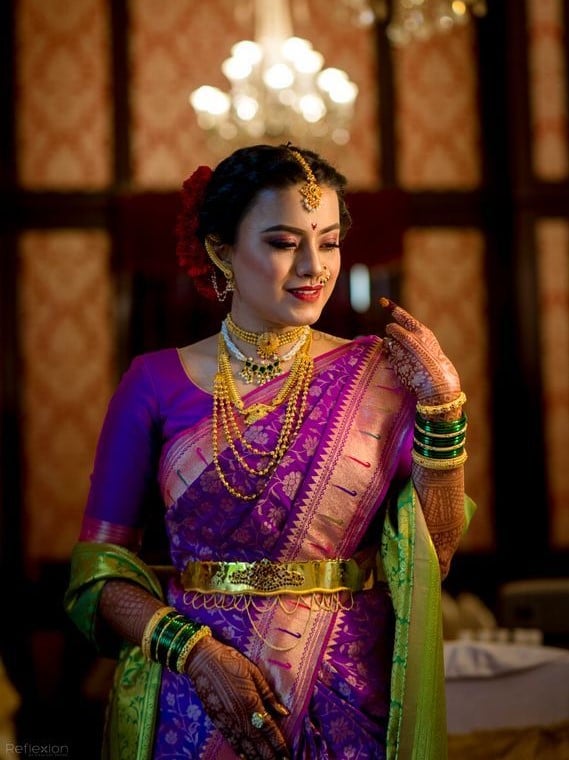 Purple Bridal Marathi Wedding Paithani Saree with Green Shawl