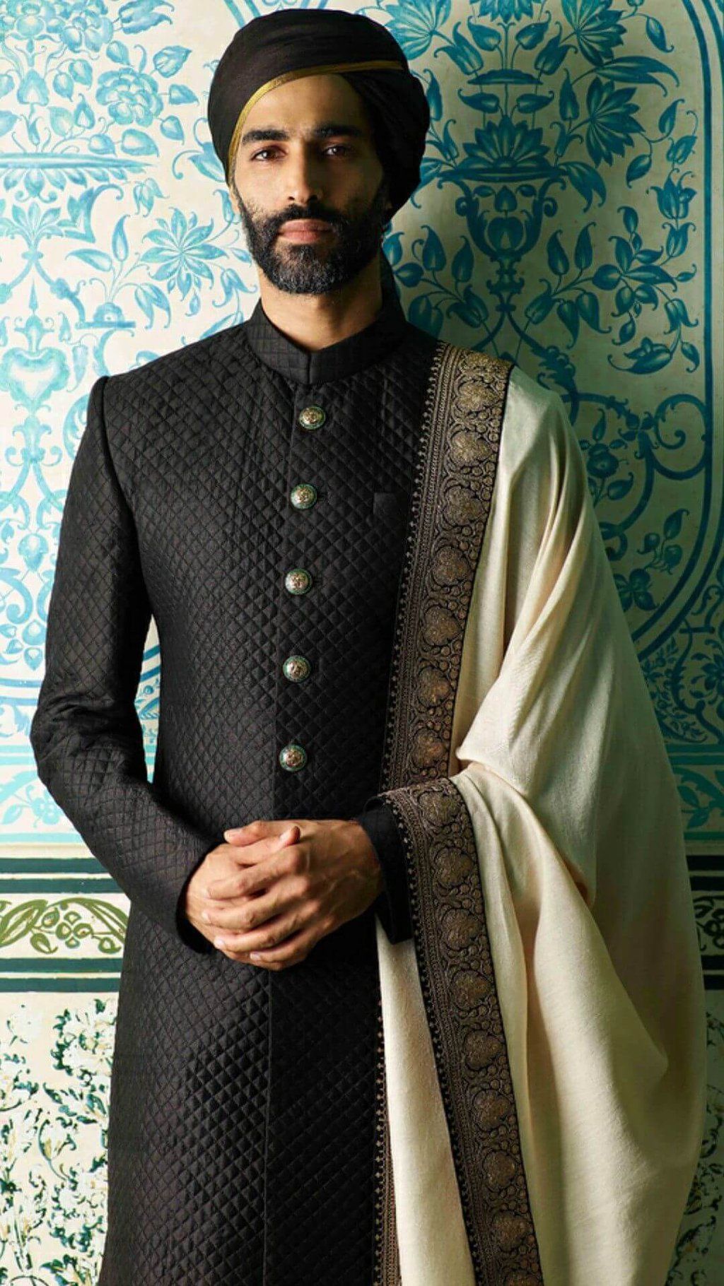 Black Sherwani for Men with White Shawl