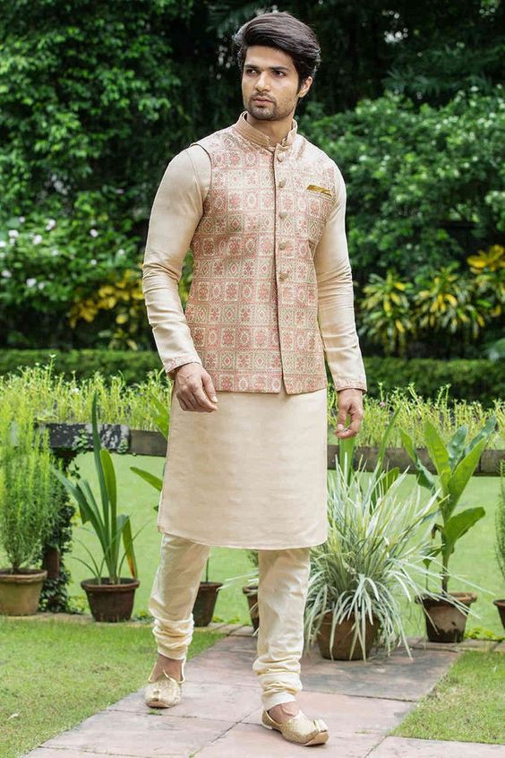 Collar Kurta Pajama with Jacket for Wedding with Dhoti Pants