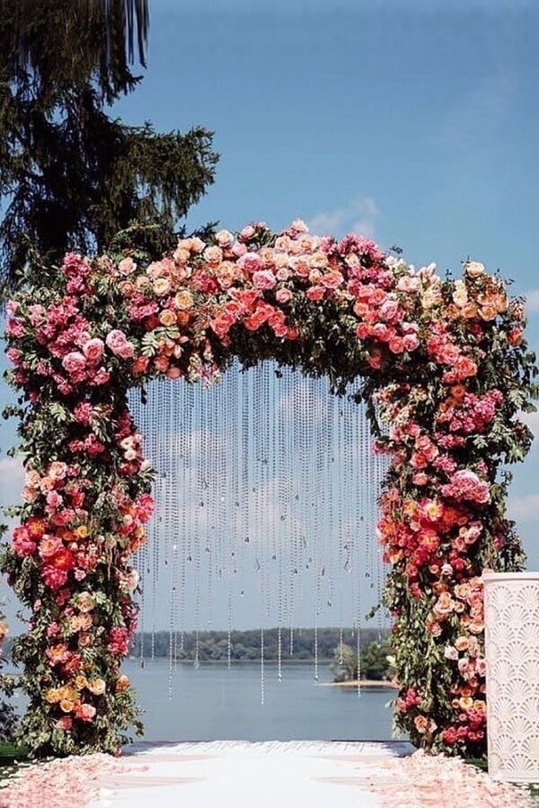 Colourful Roses Bengali Wedding Flower Gate Decoration with Crystals