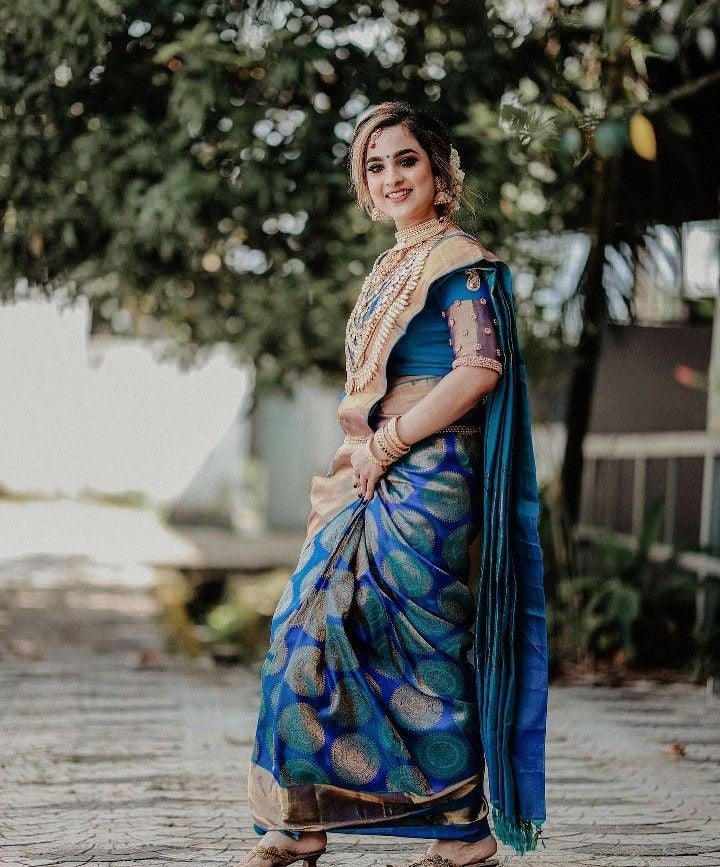Chanderi Silk Peacock Blue Bridal Saree