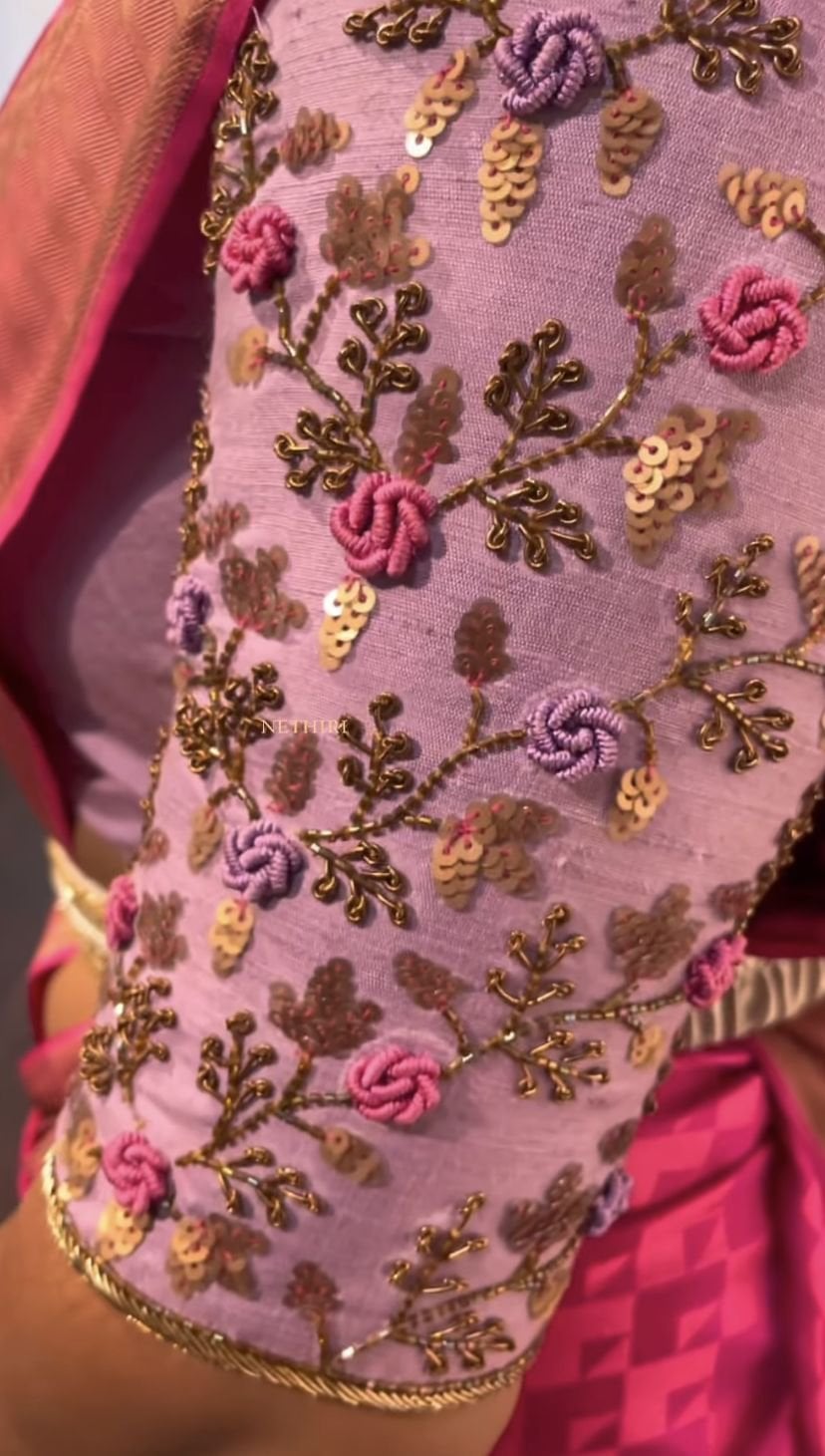 Pink Bride in Cage Aari Work Blouse Designs