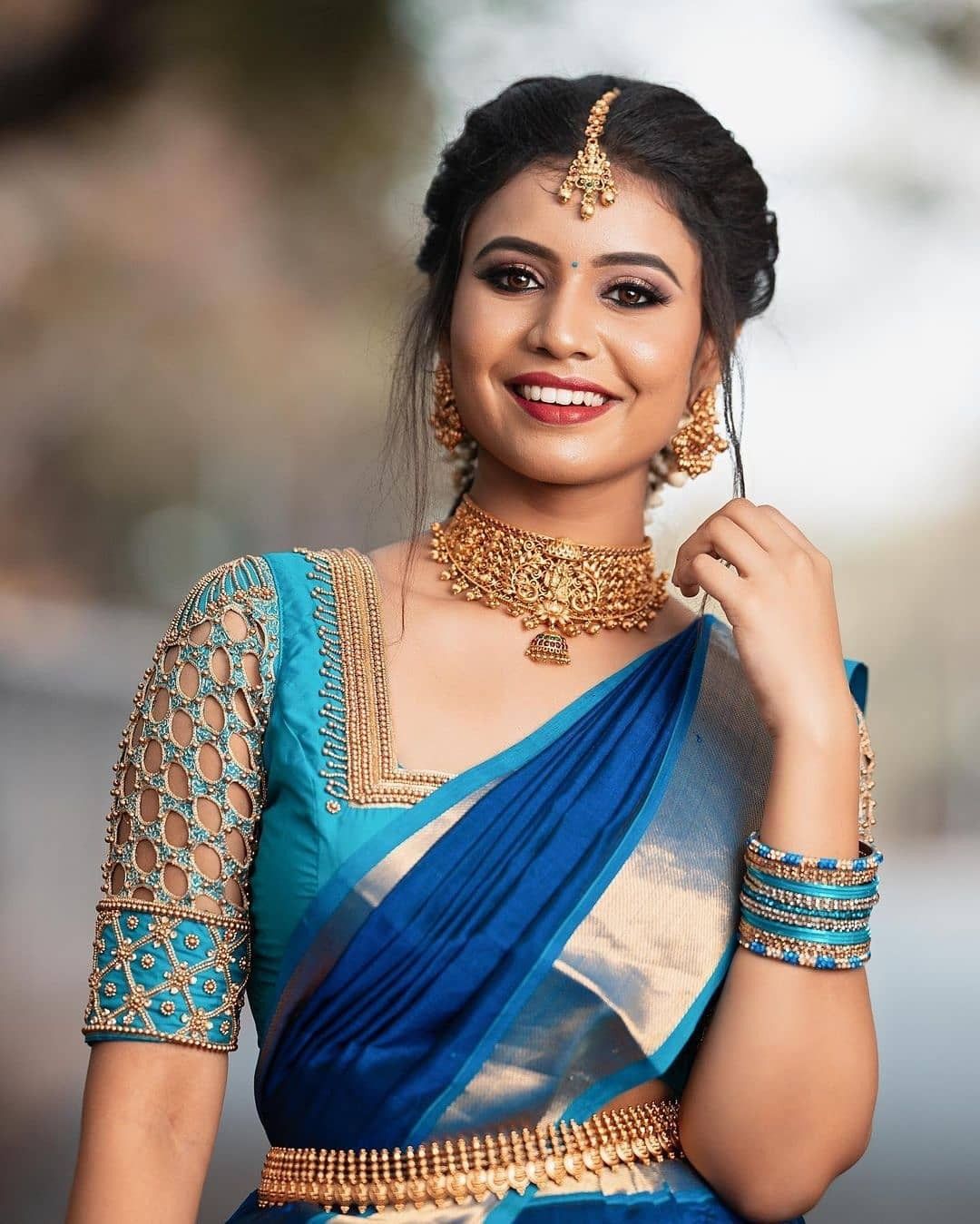 Pastel Blue Marriage Bridal Maggam Work Blouse Designs