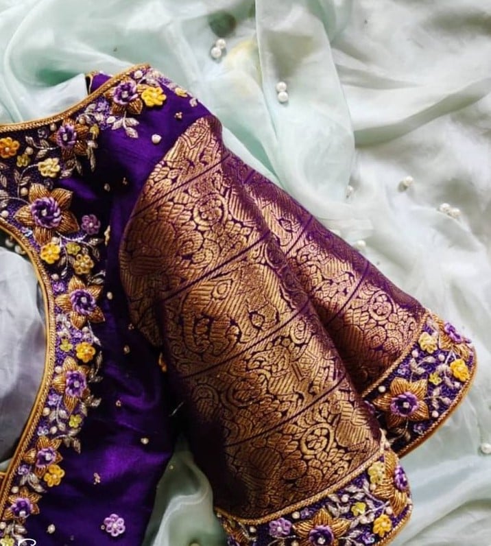 Purple Floral Marriage Bridal Maggam Work Blouse Designs