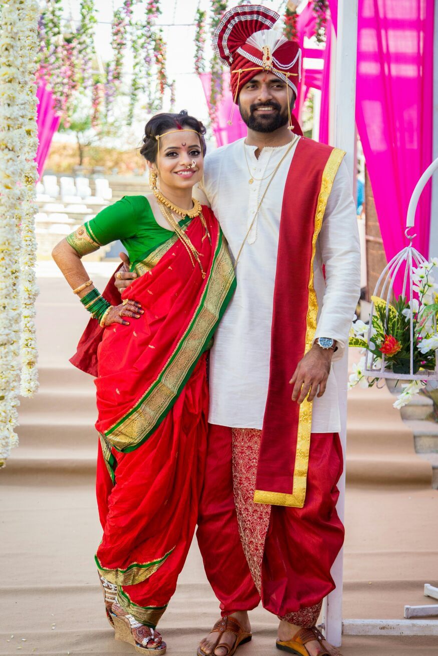 Red Nauvari Marathi Wedding Dress for Couple