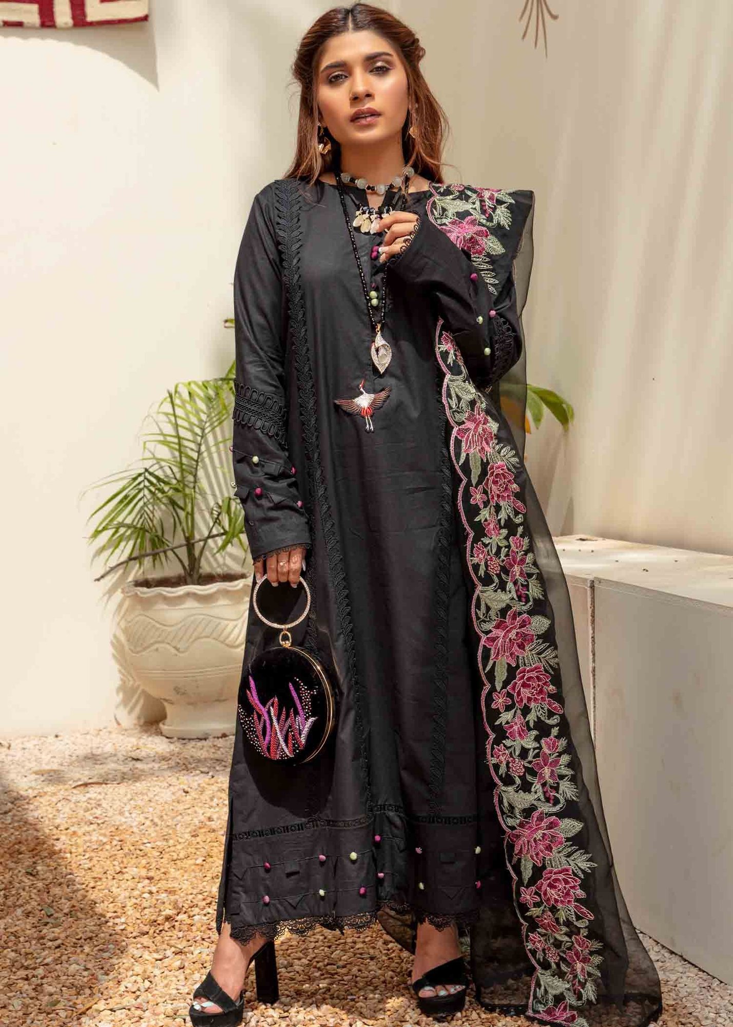 Net Zari Black Phulkari Dupatta