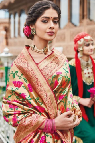 Floral Block Print Marathi Wedding Paithani Saree