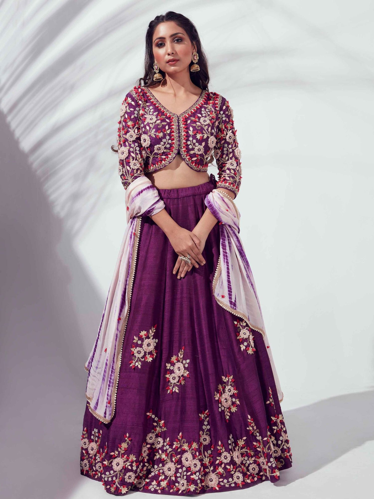 Purple and Gold Crop Top Lehenga With Dupatta