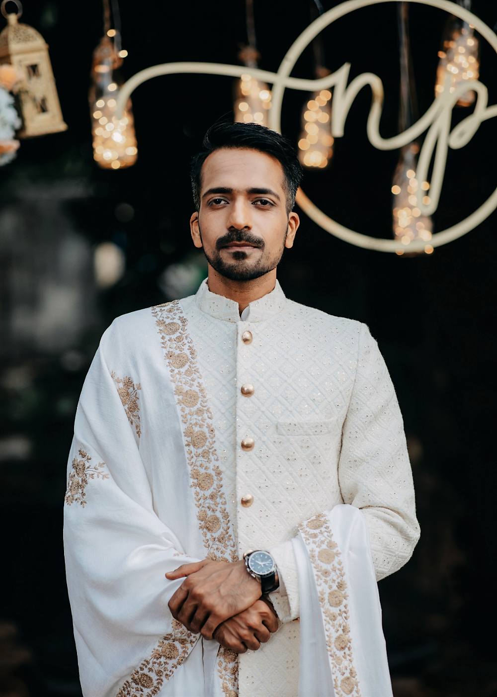White Sherwani with Pashmina Shawl