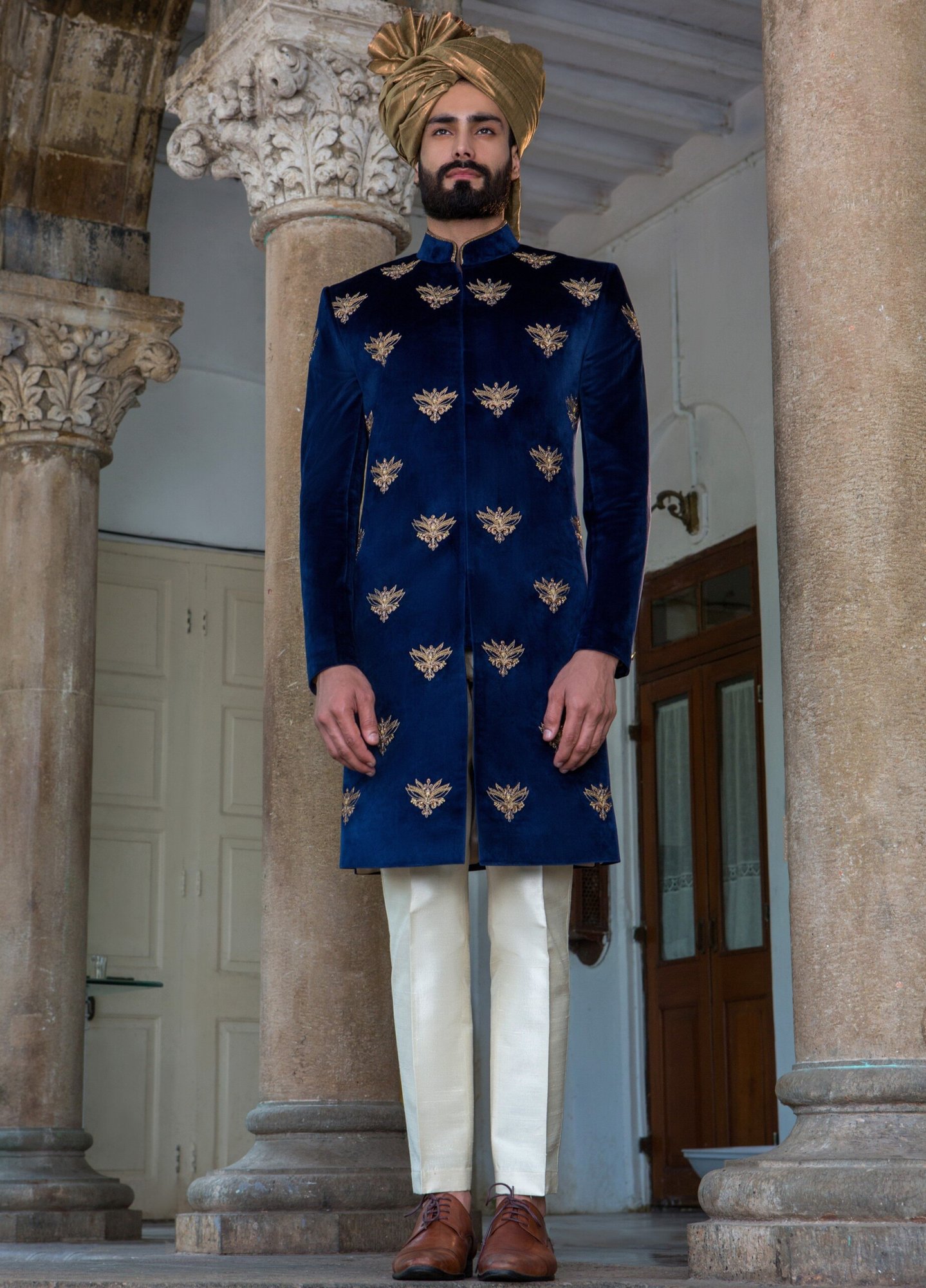 Gold and Blue Sherwani Idea