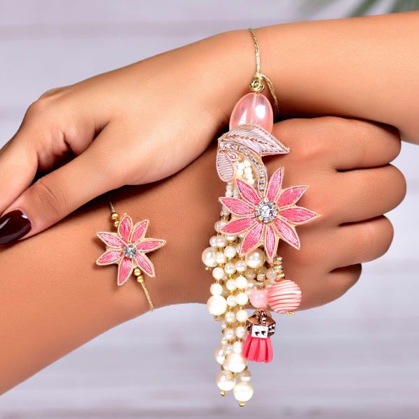 Pink Flower Bhaiya Bhabhi Rakhi Online with Heavy Moti Tassels