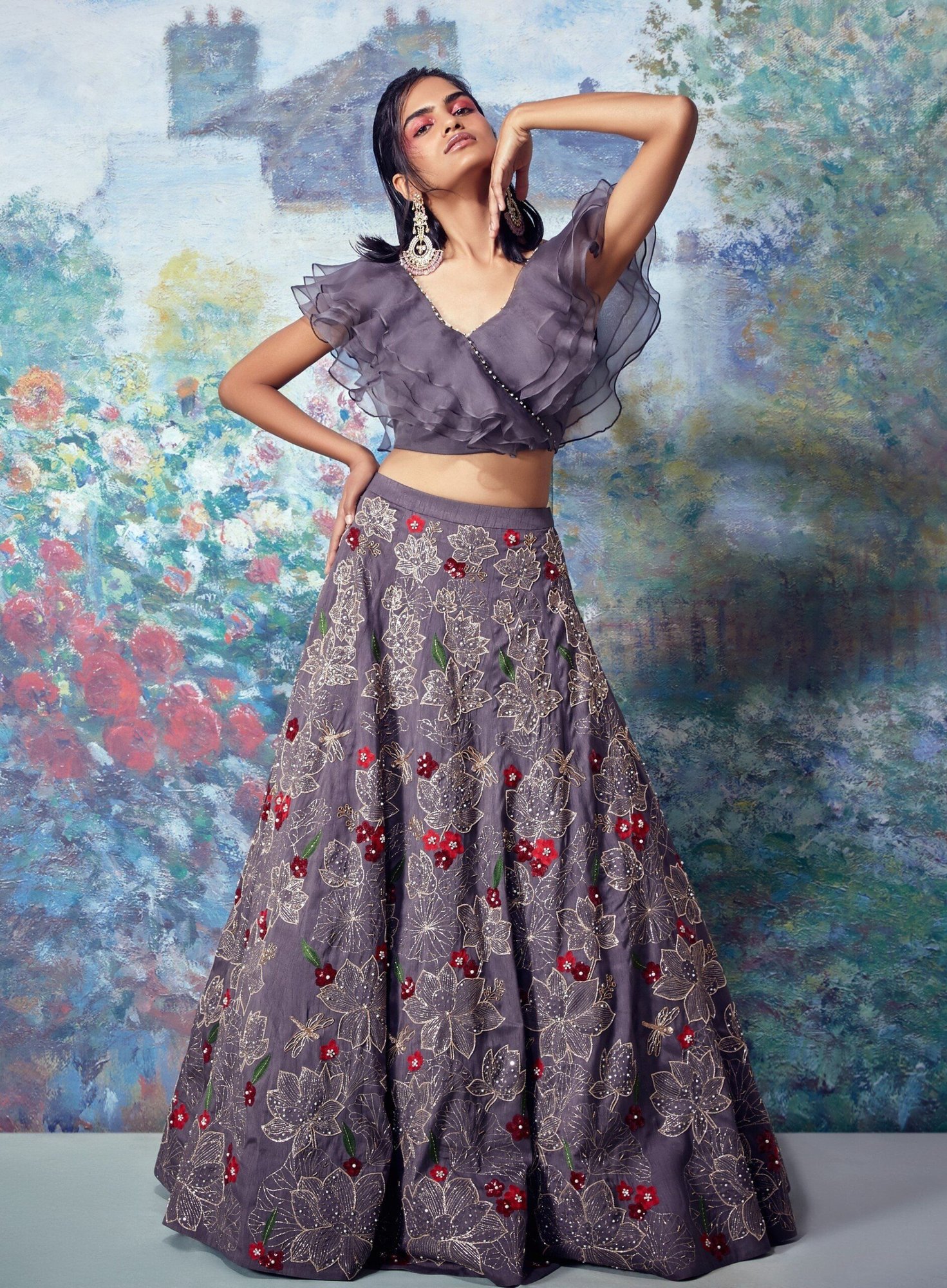 Lavender Ruffled Crop Top Lehenga