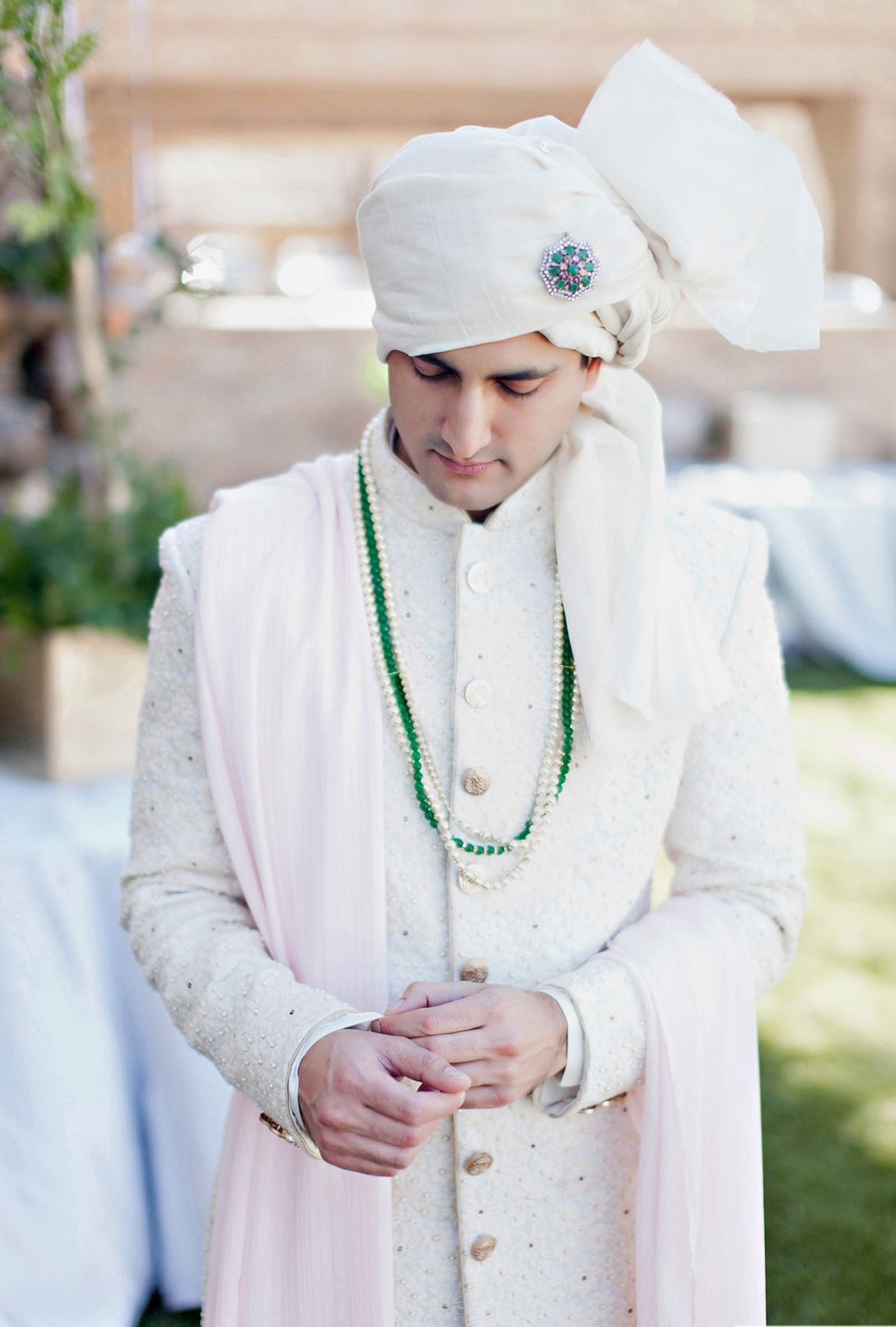 White Sherwani with Pastel Pink Dupatta
