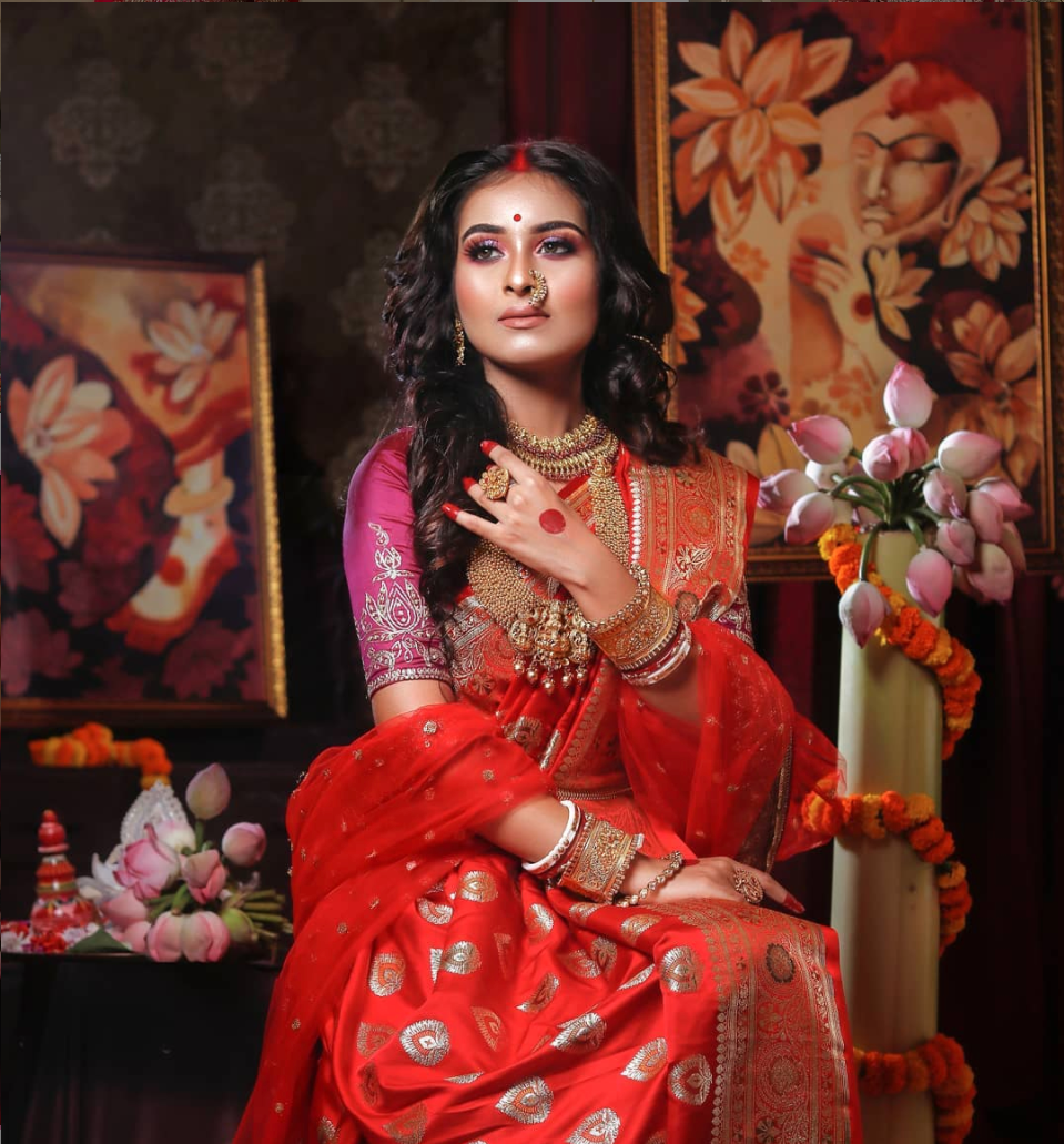 Coral Pink Reception Look Bengali