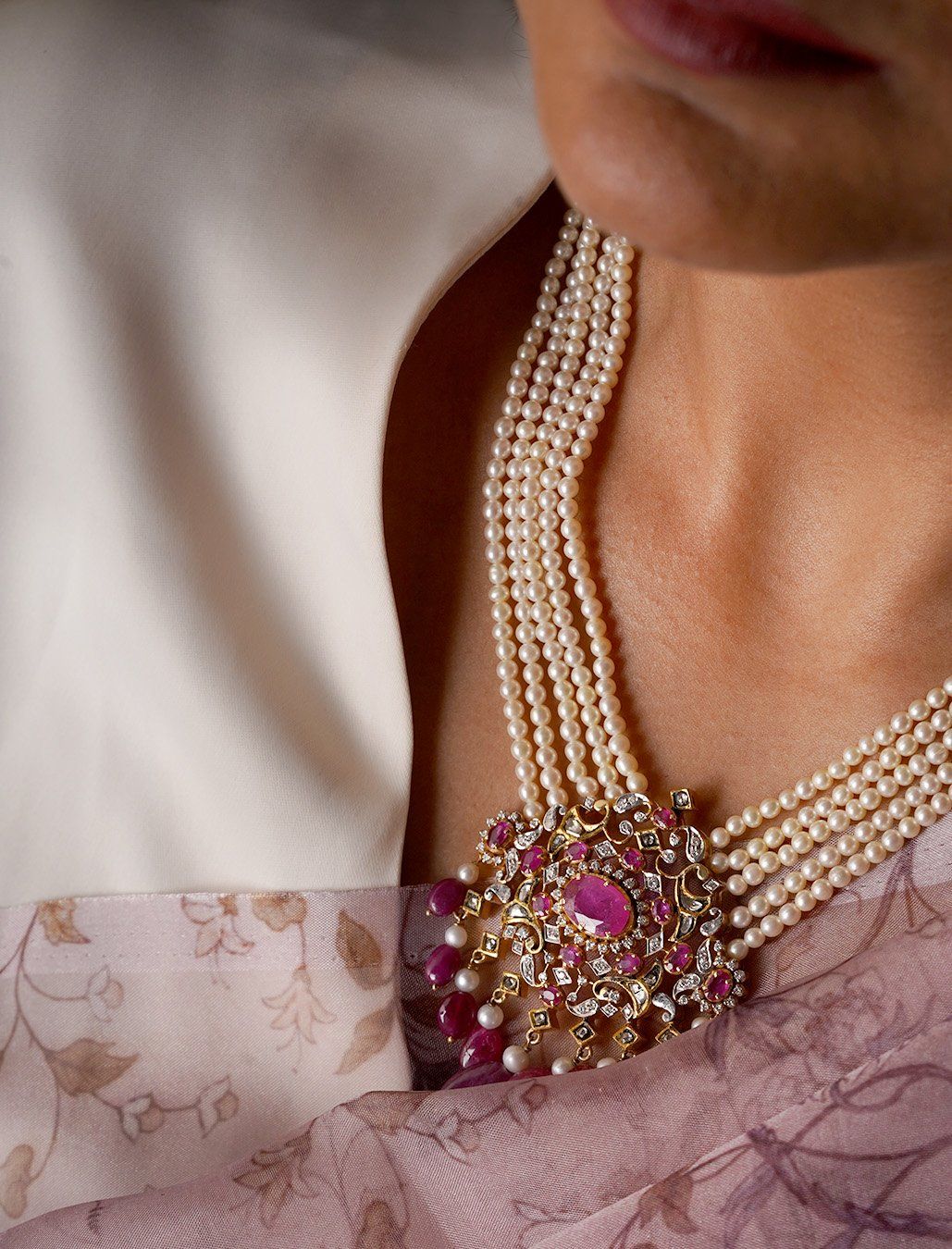 Ruby Necklace Pearl Bridal Jewellery Set