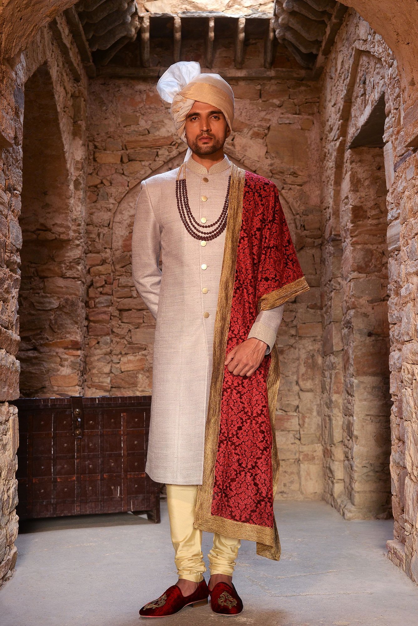 Red Bordered Shawl with White Sherwani