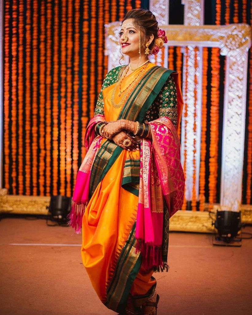 Classic Mustard and Green Marathi Wedding Paithani Saree