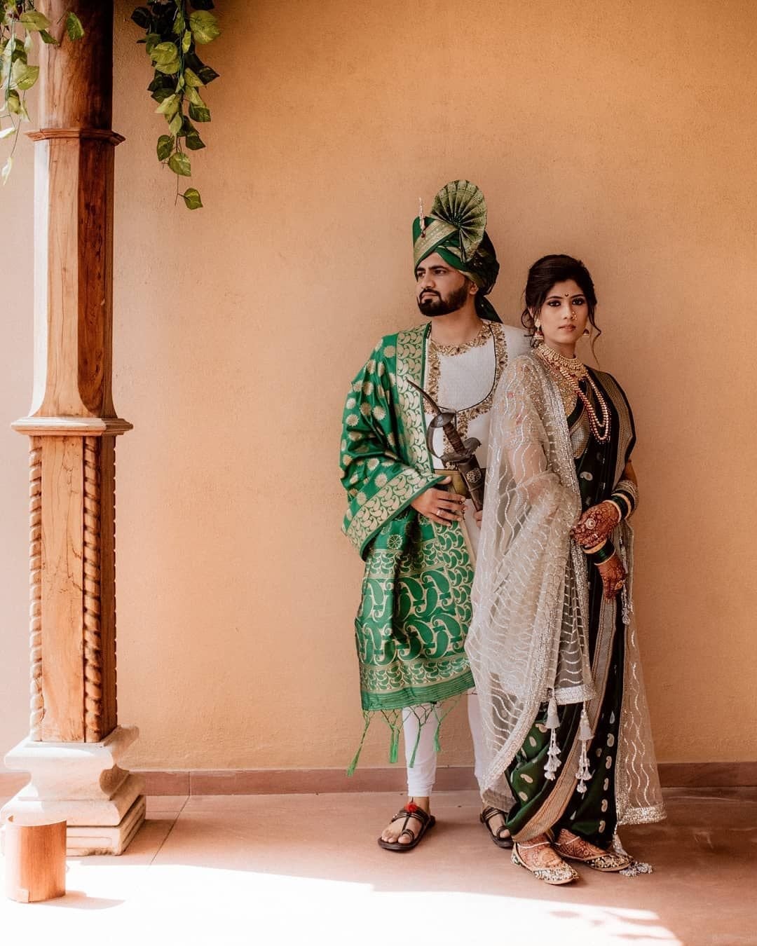 Emerald Green Nauvari Marathi Wedding Dress for Couple