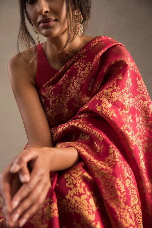 Red Silk Saree with Motifs Bengali Wedding Dress