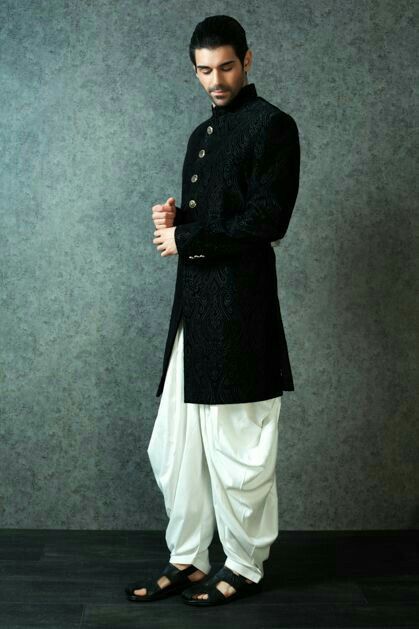 Chikankari Black Sherwani for Men