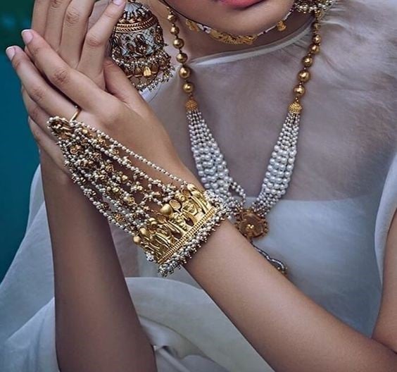 Rice Pearl Bridal Ring Bracelet and Hathphool