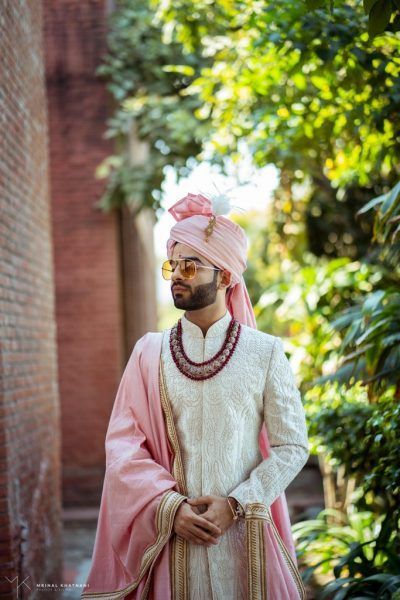 White Chikankani Dulhe ki Sherwani with Pink Shawl