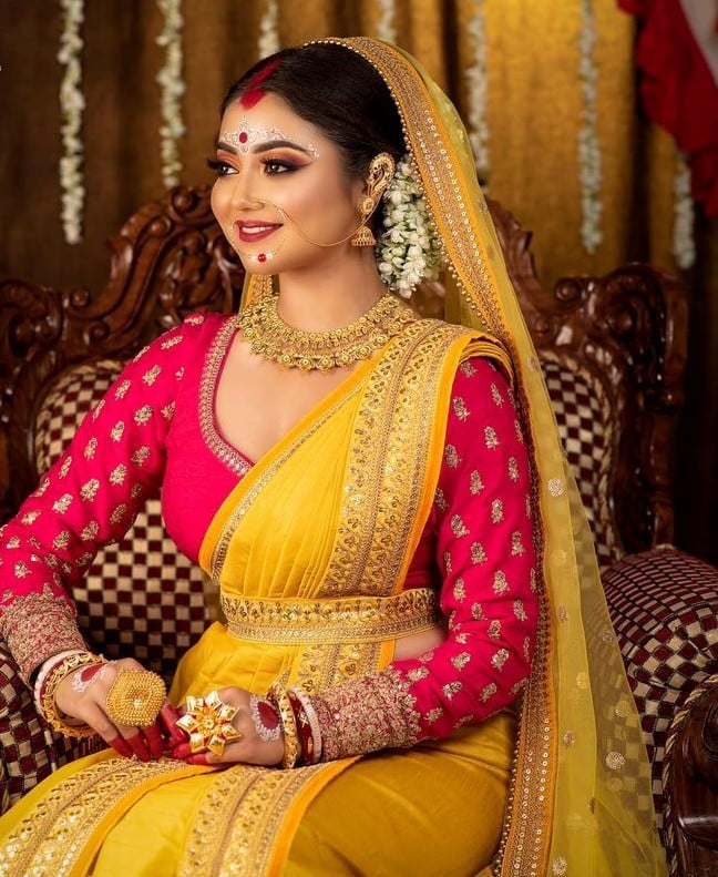 Hot Pink Bead Work Benarasi Blouse Design for Bengali Wedding