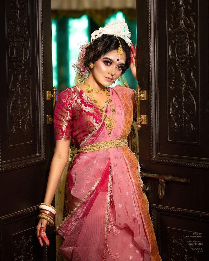 Pastel Pink Silk Saree Bengali Wedding Dress