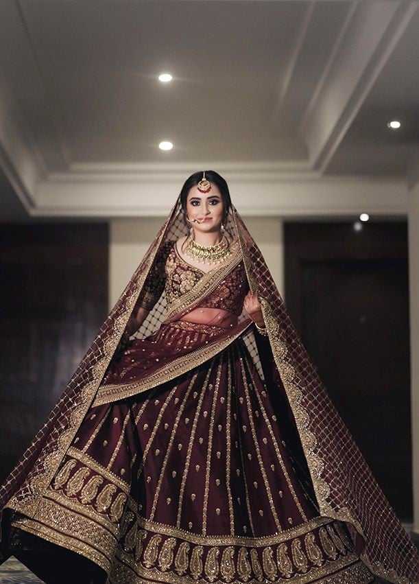Gold Applique Wine Royal Bridal Lehenga
