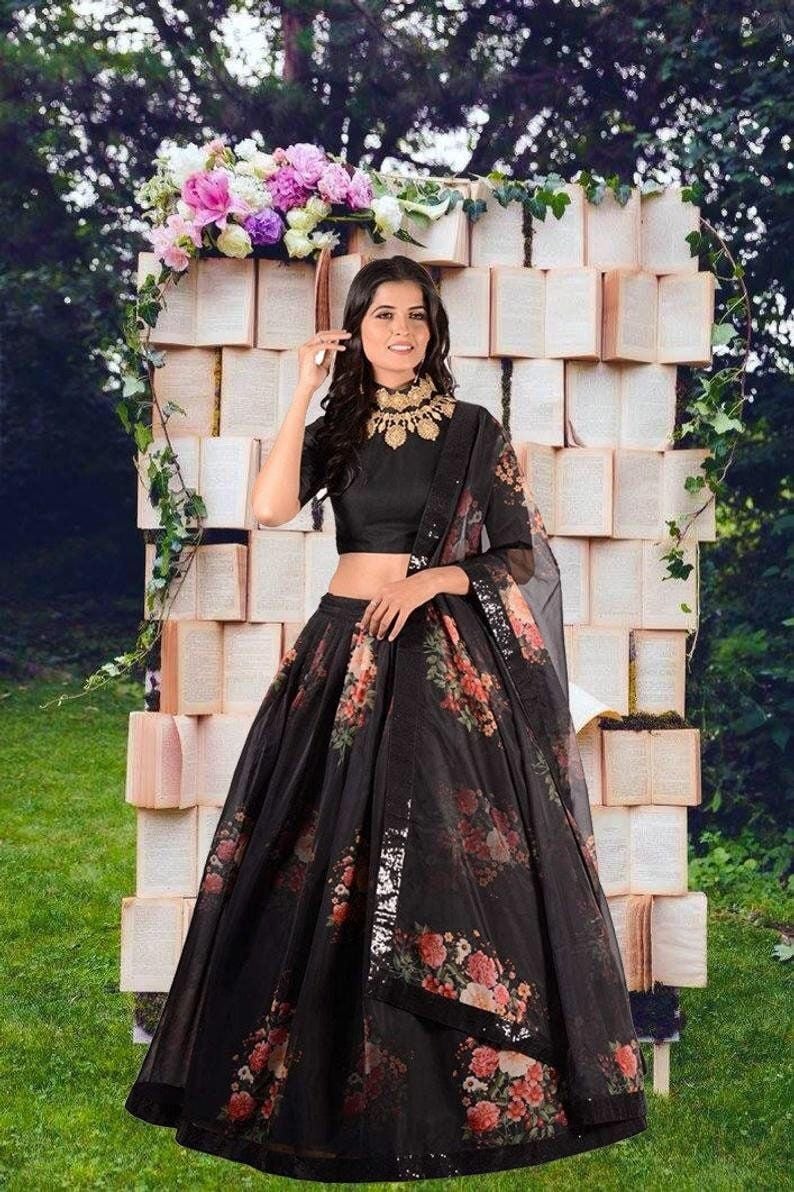 Black Floral Organza Crop Top Lehenga