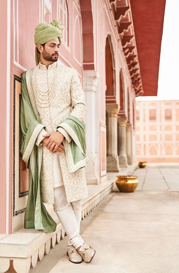 White Sherwani with Mint Green Shawl