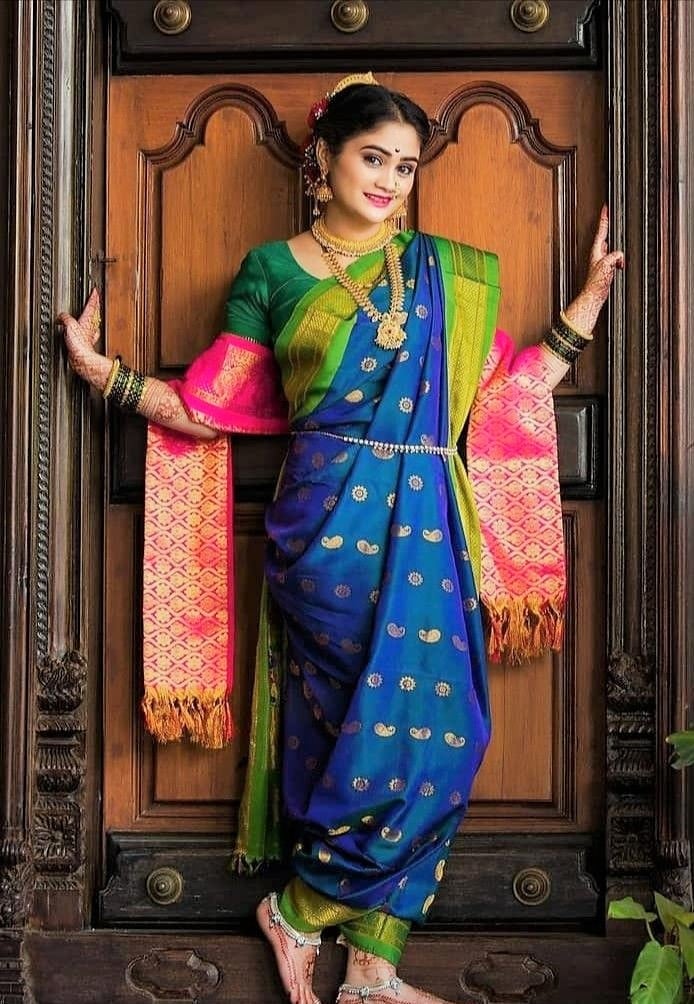 Princess Blue Marathi Wedding Paithani Saree Pink Orange Shawl