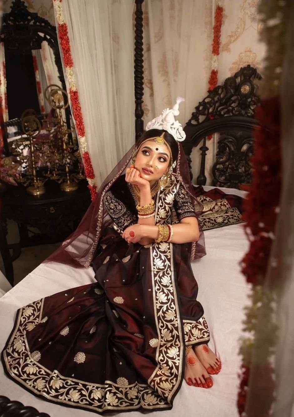 Maroon Brown Silk Saree in Bengali Wedding Dress