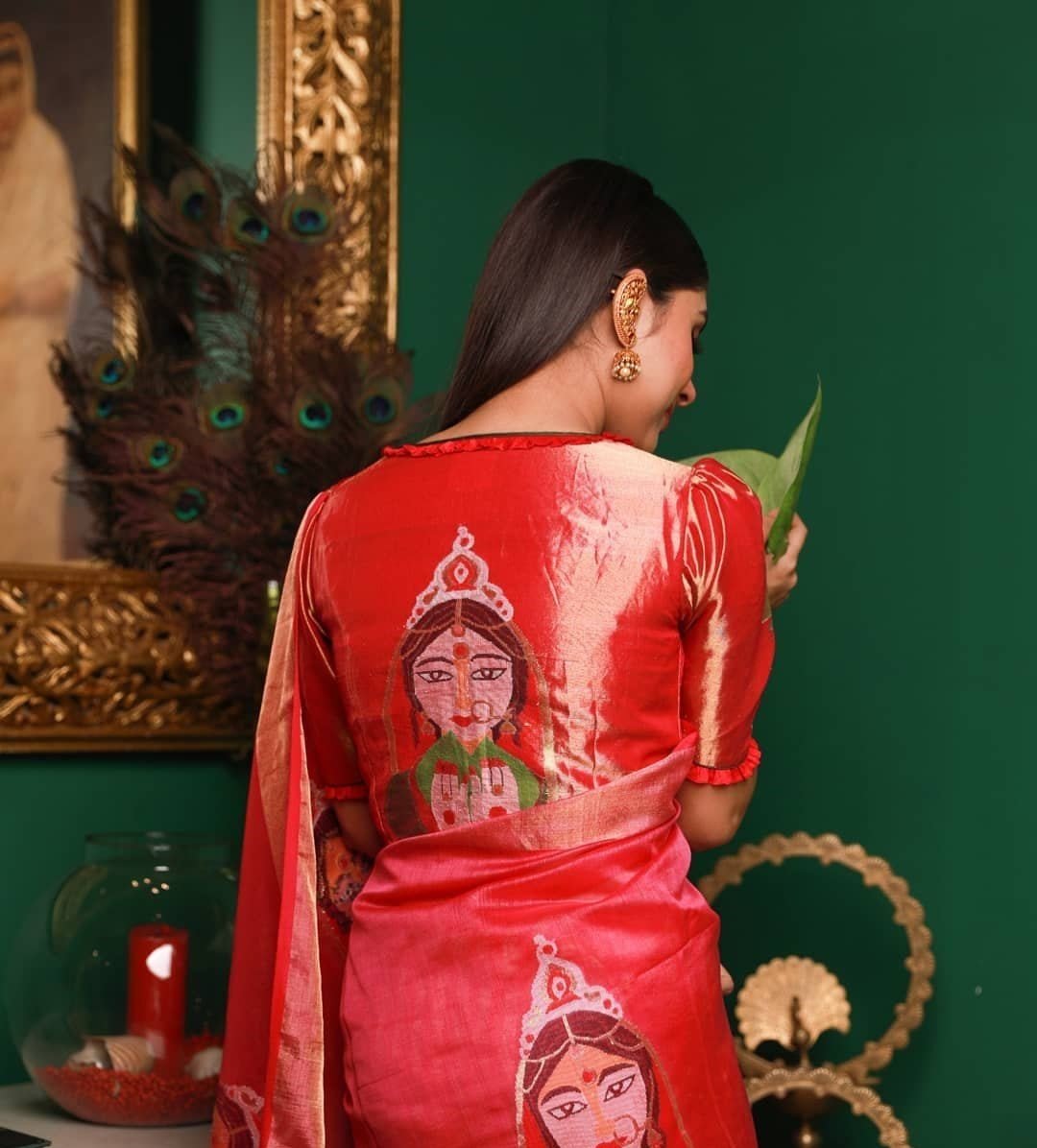 Red Bridal Portrait Benarasi Blouse Design for Bengali Wedding