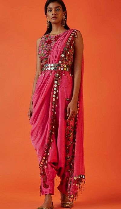 Gorgeous Pink Mirrorwork Dhoti Saree