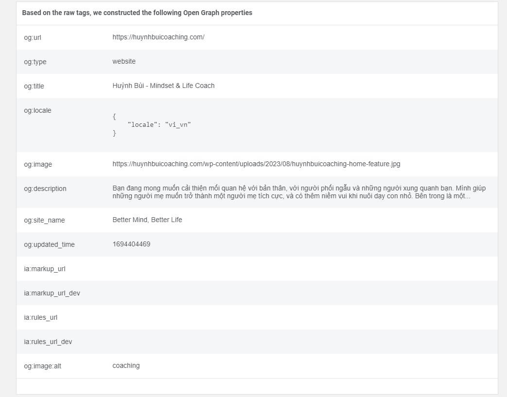 Kiểm tra các thuộc tính Open Graph được Facebook truy xuất từ trang