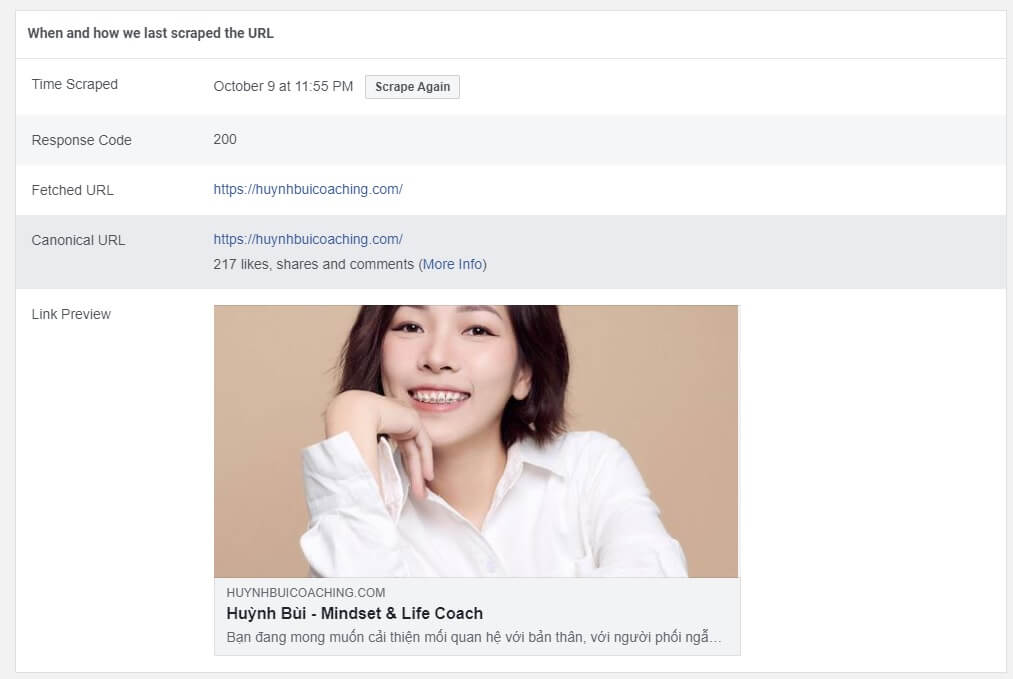 Thông tin về các trường do Facebook thu thập từ lần quét gần nhất