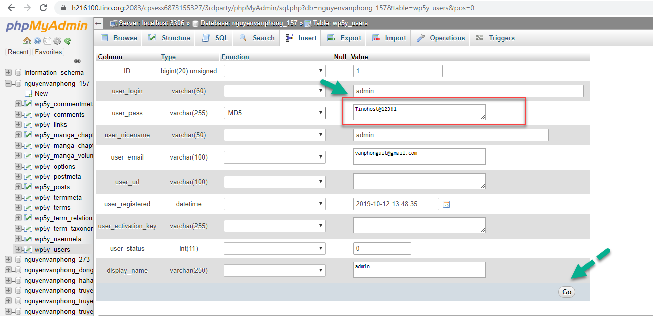 doi mat khau admin wordpress trong phpmyadmin