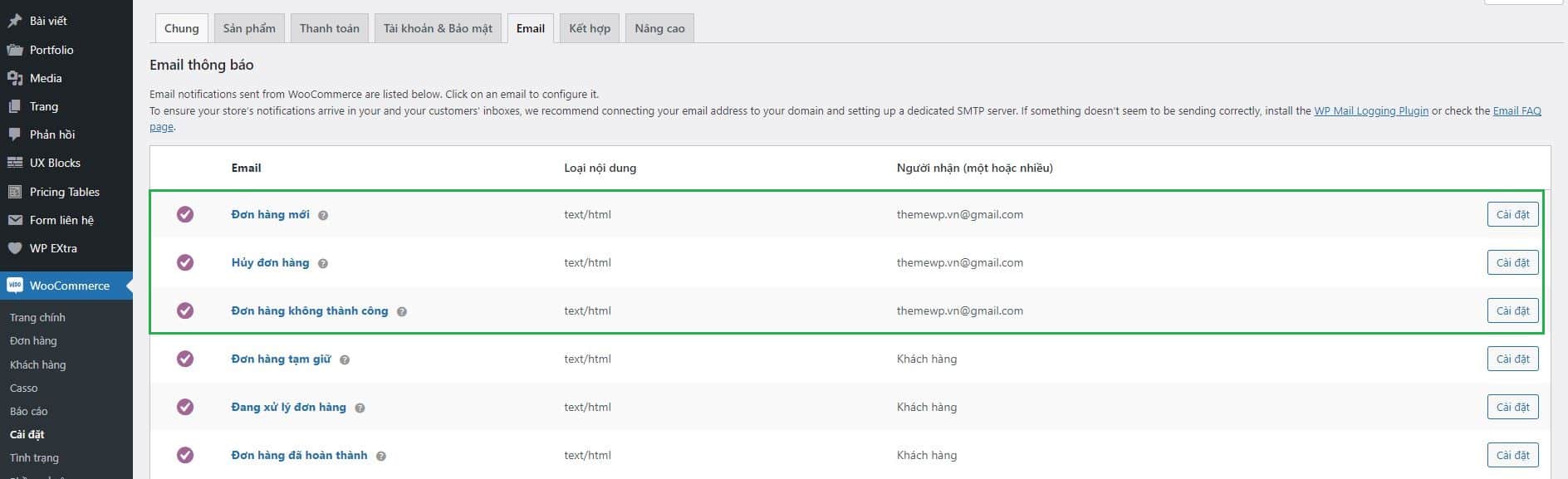 doi mail trong Woocommerce