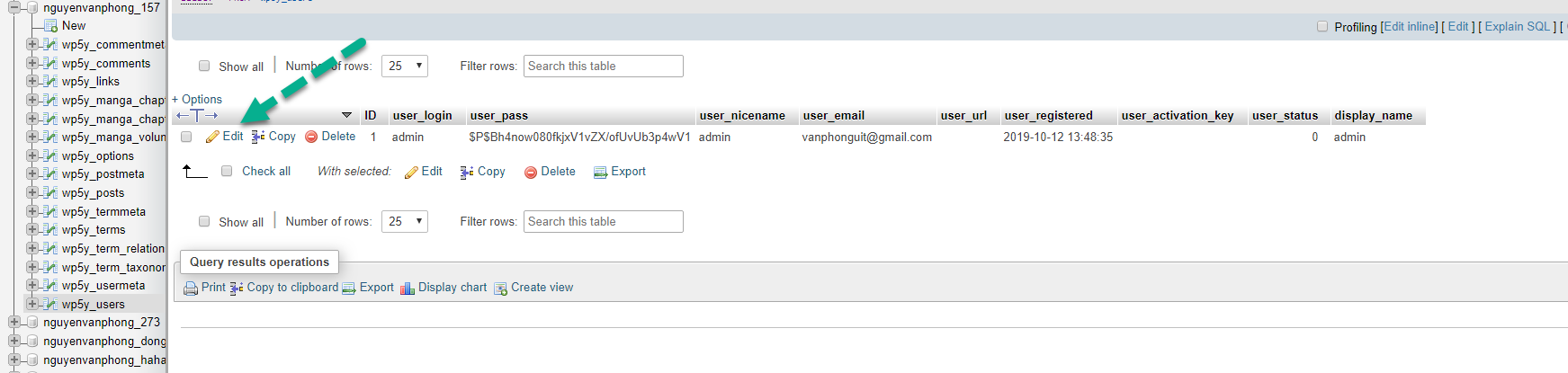doi mat khau admin wordpress trong phpmyadmin 03