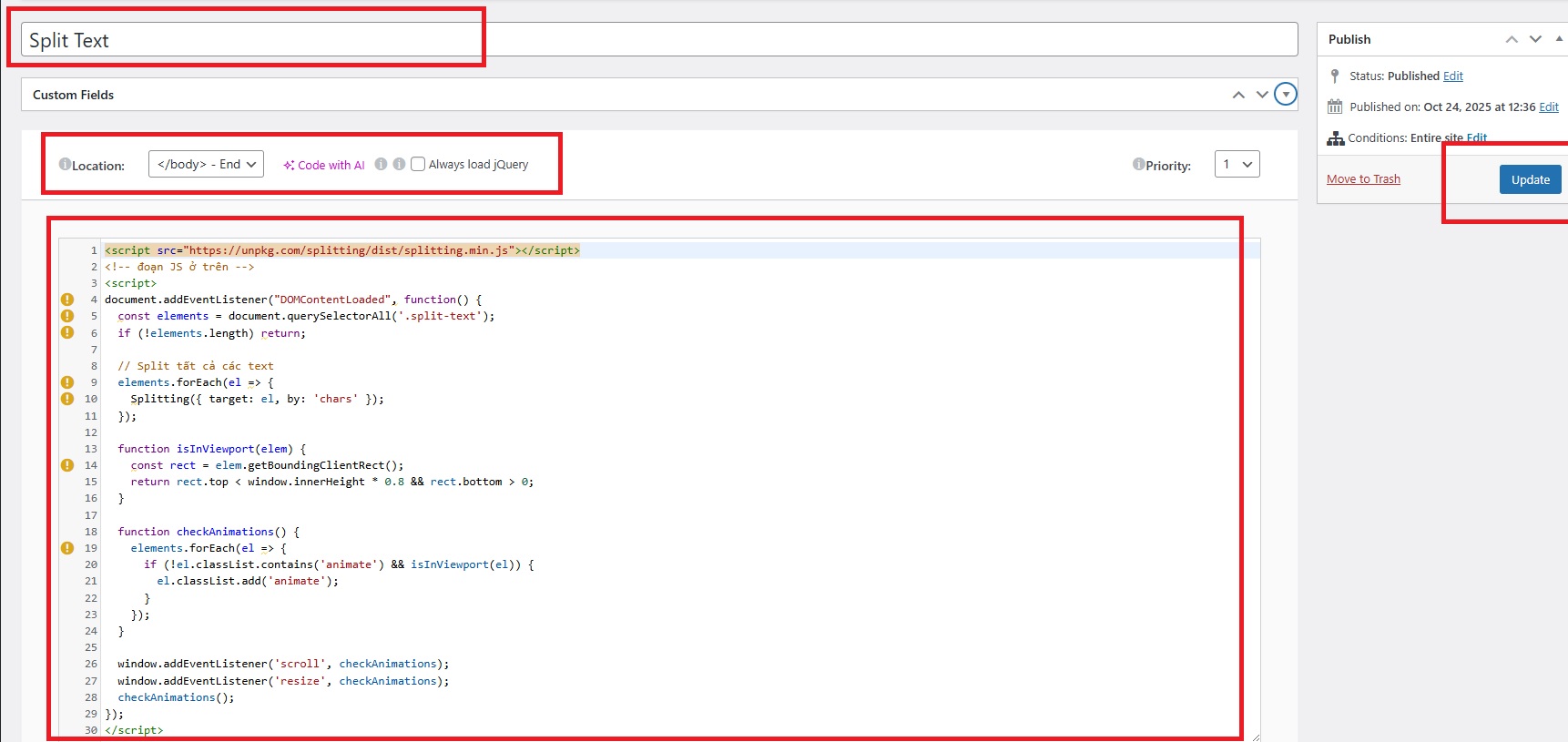 Cach them code JS custom code trong Elementor 02
