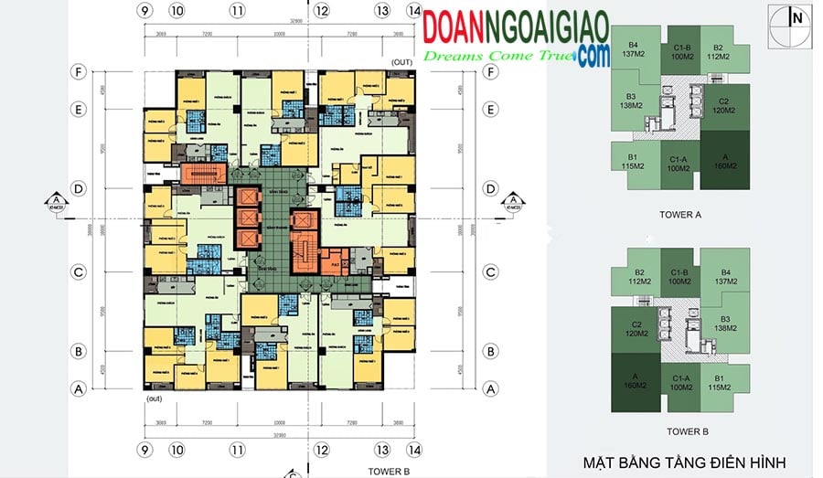 Mặt bằng tầng 5 đến tầng 26 tòa nhà Lanmak Tower (diện tích tim tường)