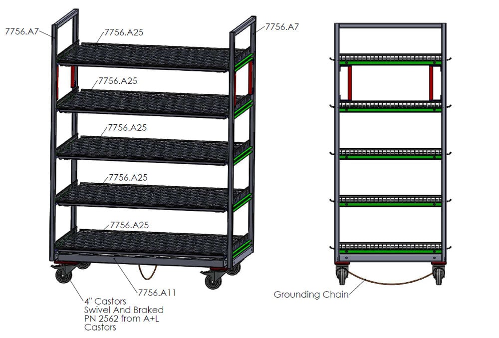 Trolley with grounding chain Drawing of a trolley with grounding chain