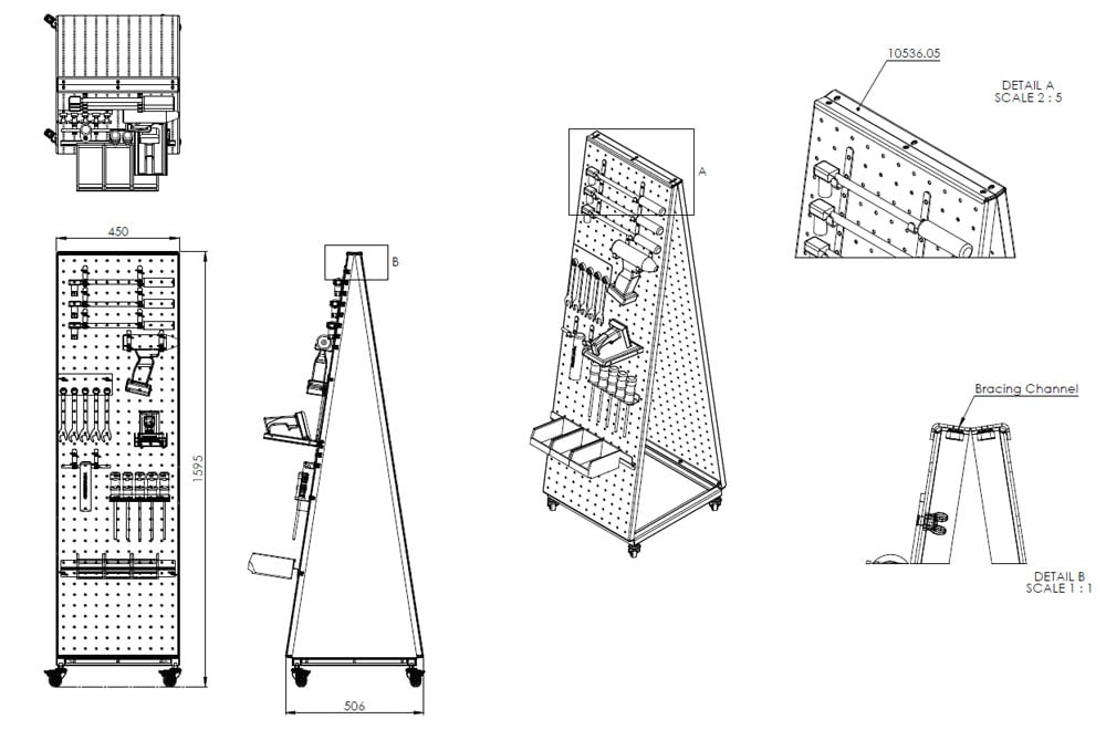 Tool trolley with shadow board Concept drawing of a tool trolley with shadow board