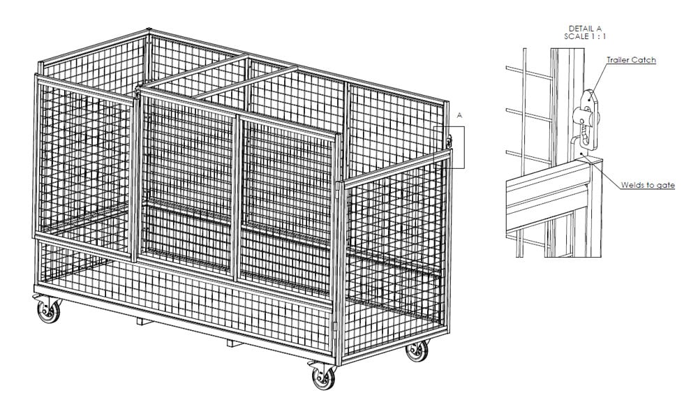 Caged detrash trolley Drawing of a Caged de-trash trolley
