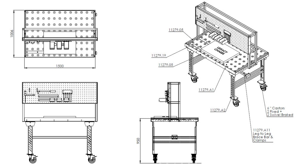 Trolley with ball transfer bearings Design drawing of a trolley with ball transfer bearings