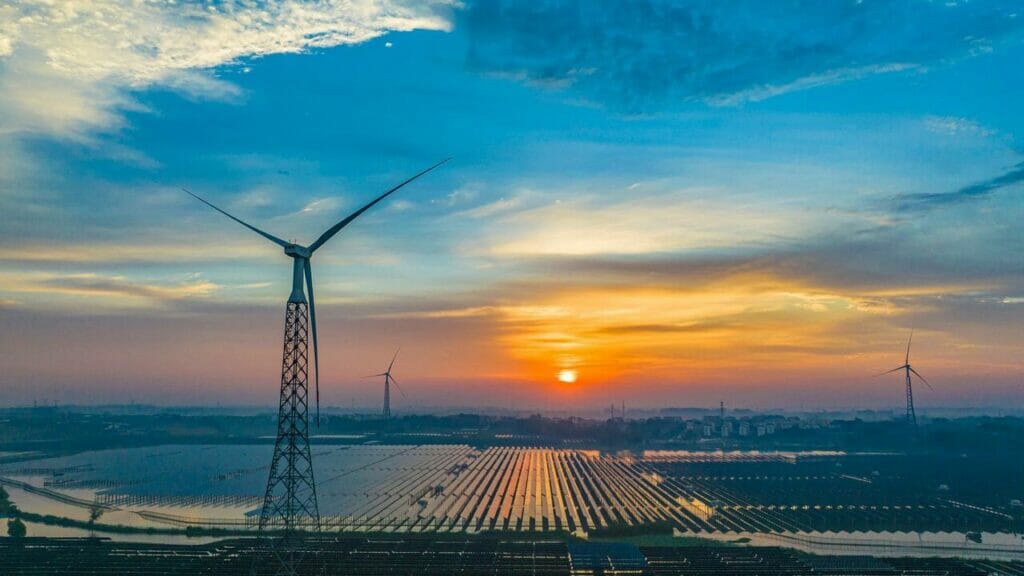 Wind turbines in a field at sunset.