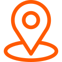 Orange location pin icon with a circular base, commonly used to represent a geographic location or place marker.