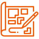 Orange outline icon of a floor plan with a pencil on top, representing architecture, design, or planning.
